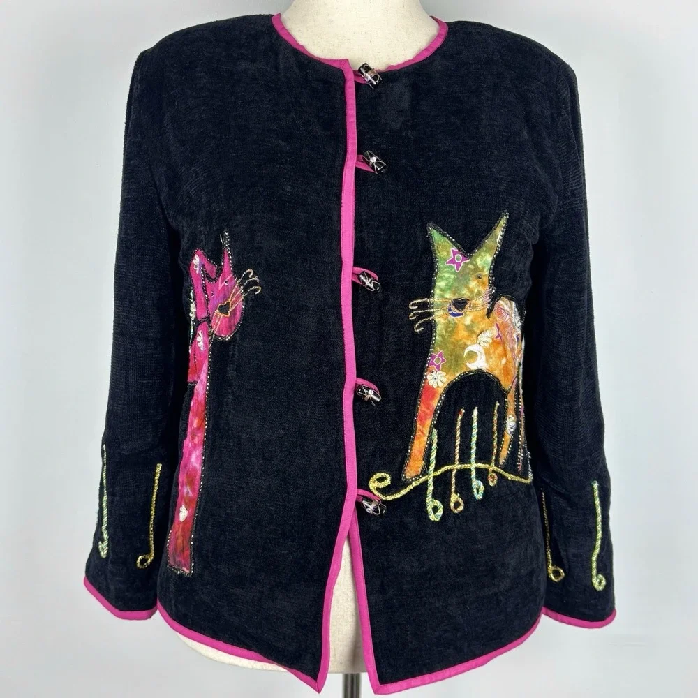 Womens Jacket M Black Velour Embroidered Cats Novelty Teacher Whimsical Cardigan